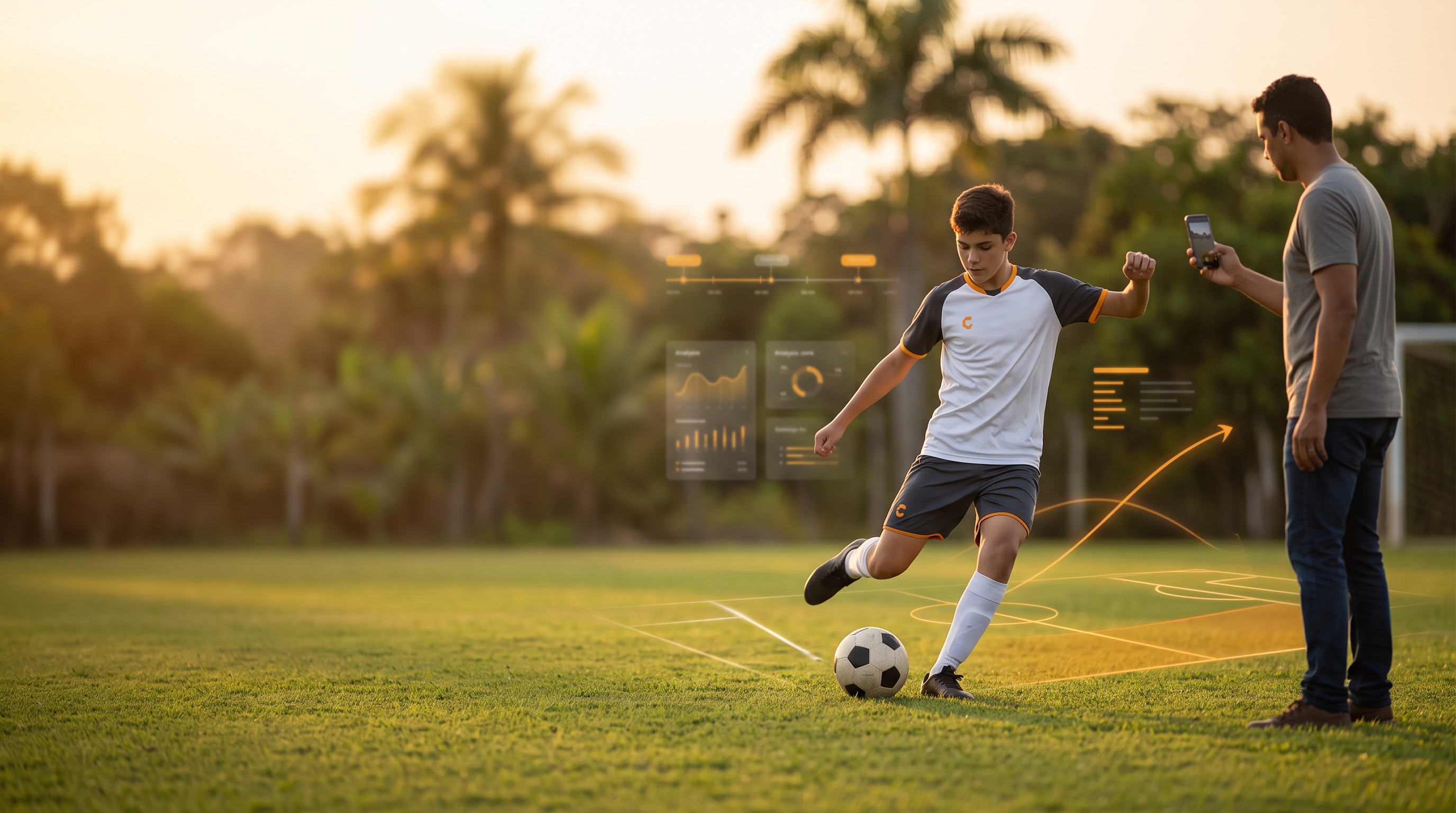 Atleta de futebol sendo gravado em treino com acompanhamento responsável.