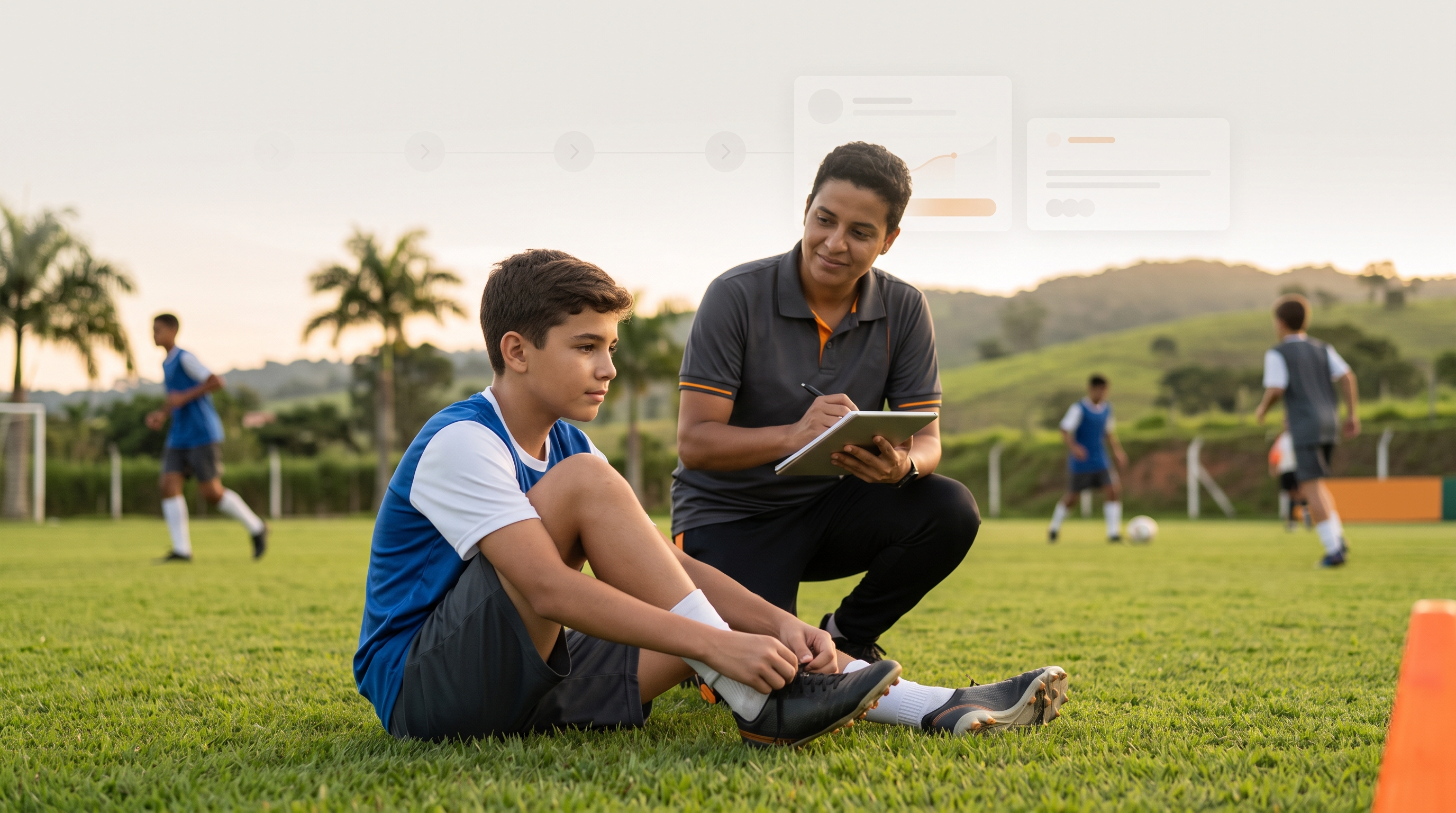 Responsável acompanha a jornada esportiva de um atleta em treino.