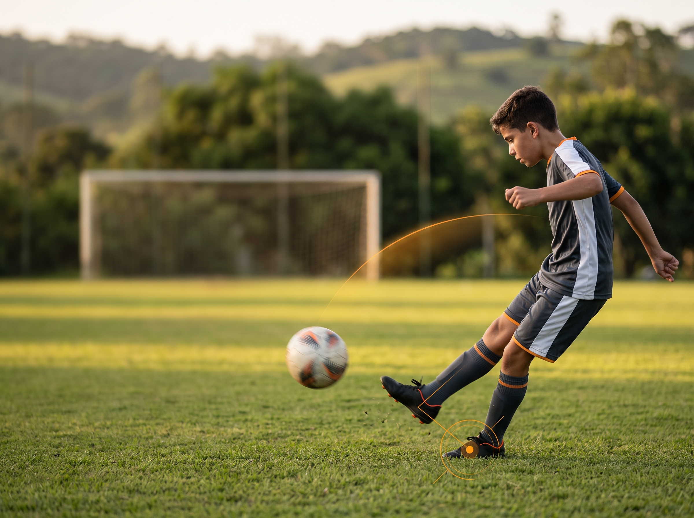 Atleta realiza fundamento de futebol com gravação orientada.