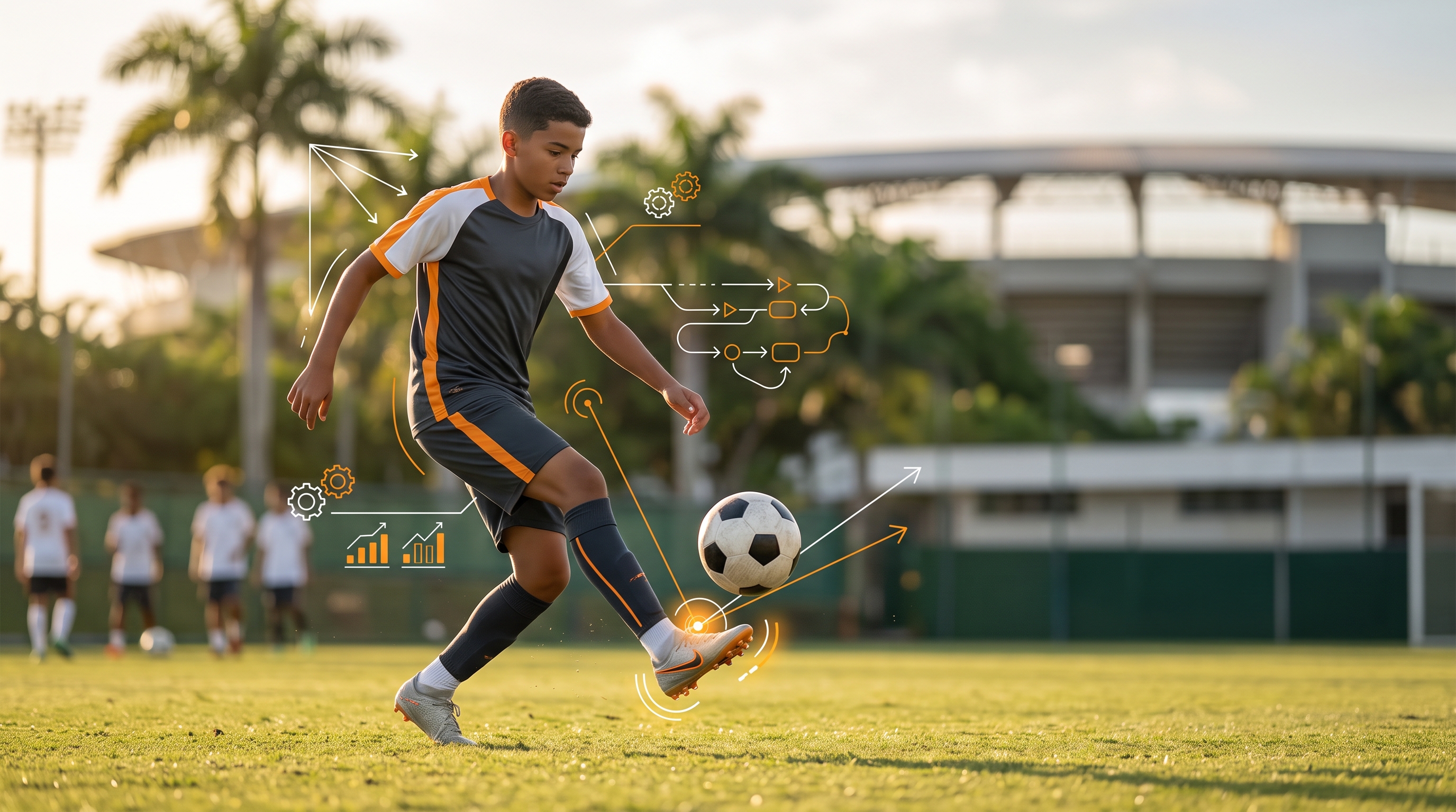 Atleta controla a bola no primeiro toque em conteúdo educativo.
