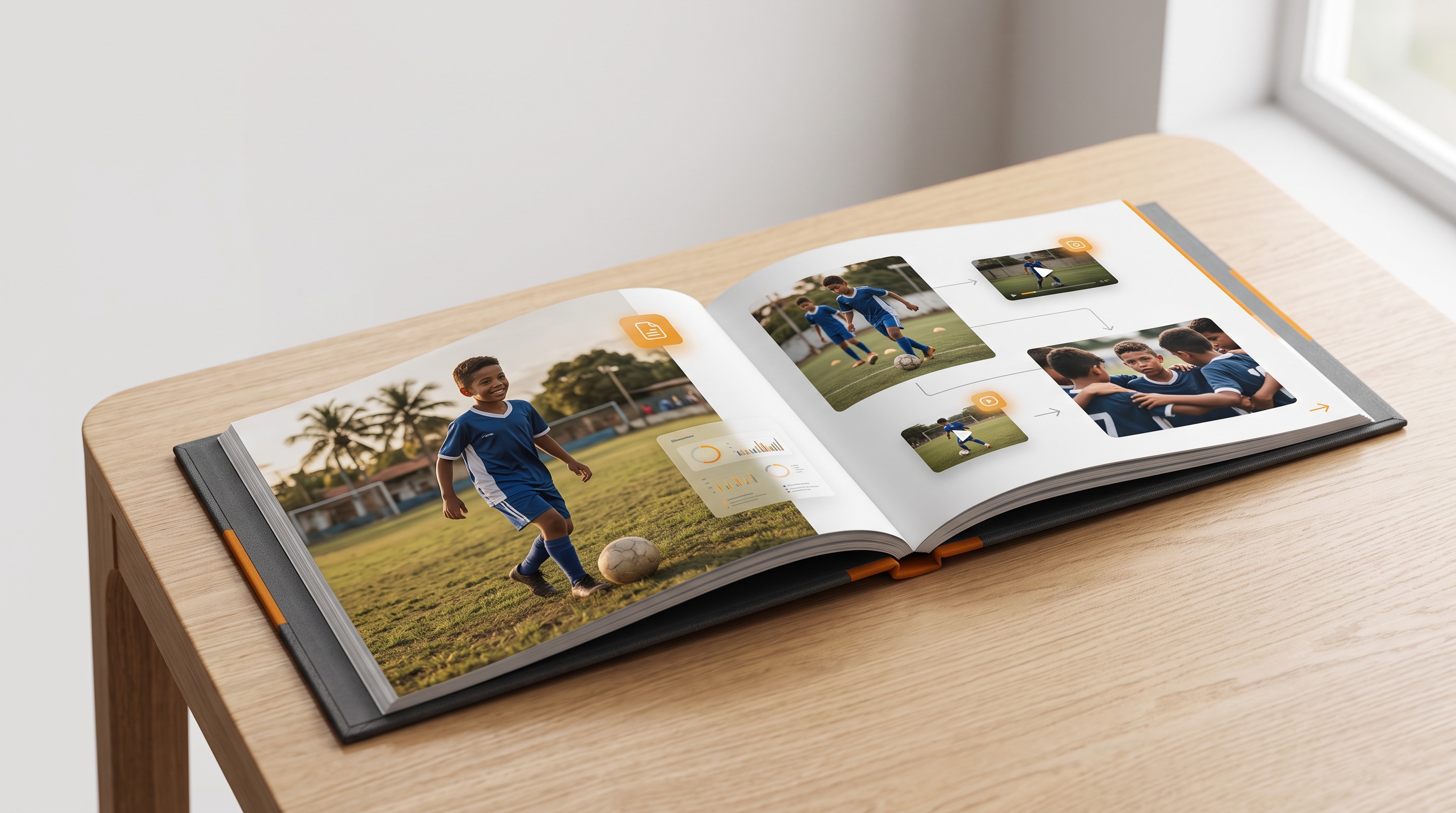 Livro visual da jornada esportiva com registros de treinos e evolução.